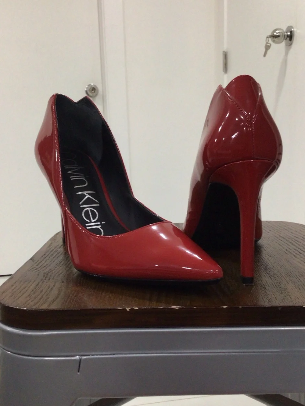 Calvin Klein Red Patent Pointed-Toe Pumps with Stiletto Heel